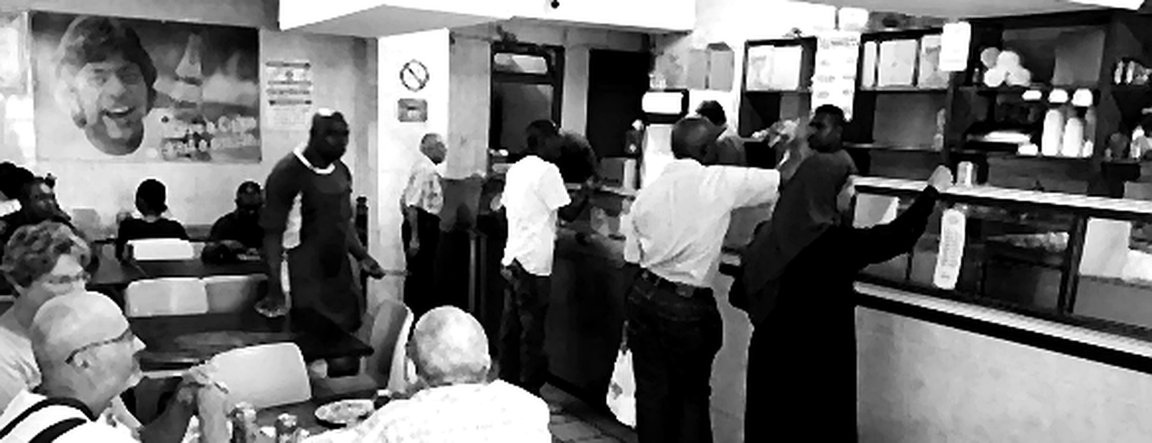 Inside Patels Vegetarian Refreshment Room, Durban — black and white historical photograph